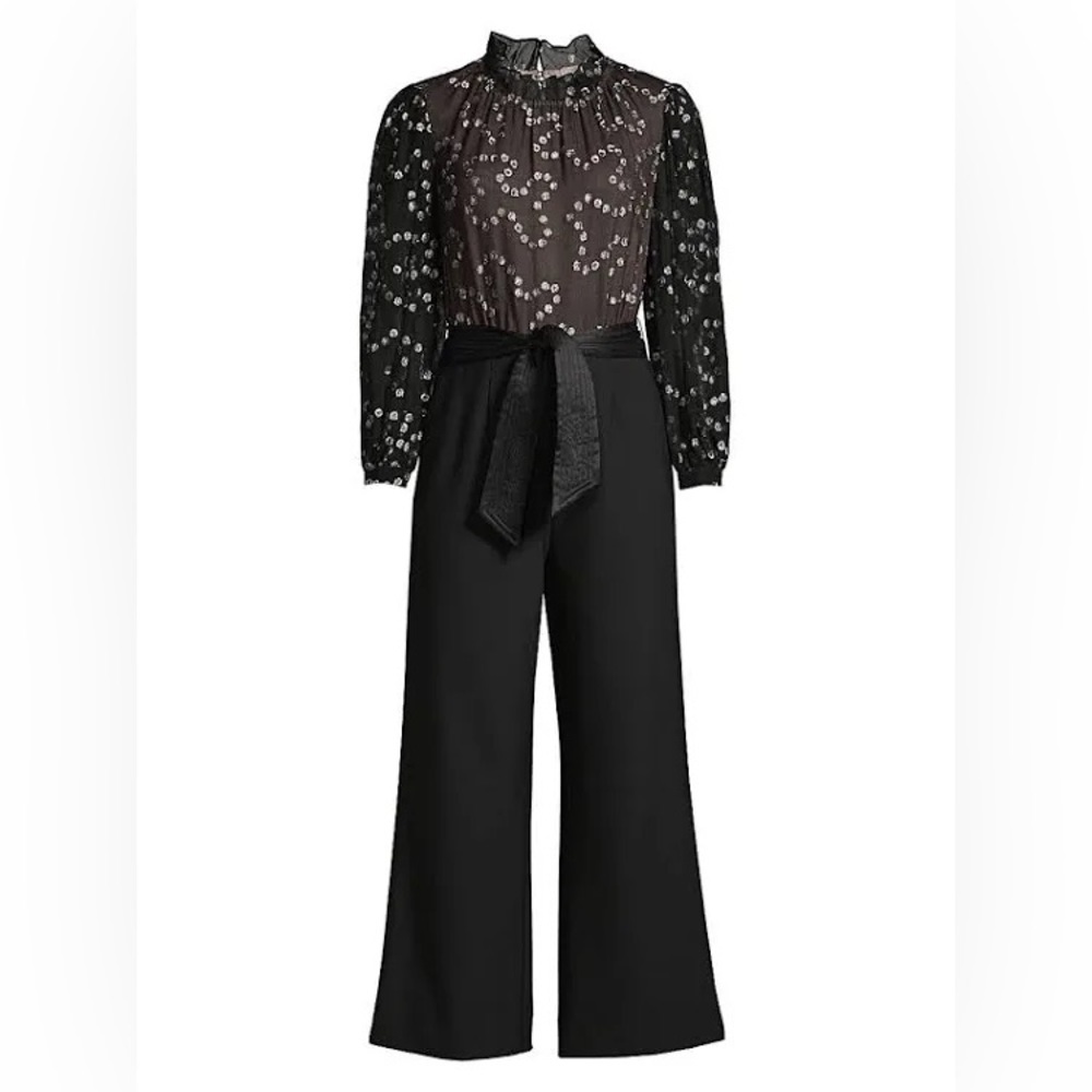REBECCA TAYLOR black silver 
Metallic Dotted Silk Wide-Leg Jumpsuit size 6
